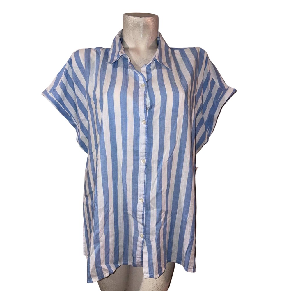New Old Navy Womens Sz XXL Blue White Striped Button Down Short Sleeve Shirt NWT